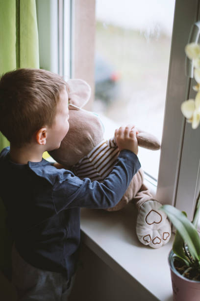 istock Small boy with stuffy toy in protective medical masks looking through a window . Prevention epidemic 1215013876