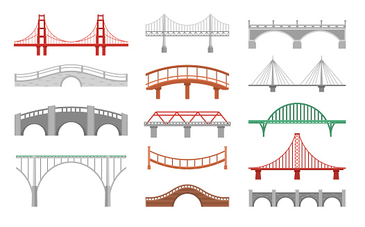 Different bridges flat vector illustrations set. Various bridgeworks isolated on white background. Big urban and small wooden bridges pack. Huge city landmarks and simple passages collection