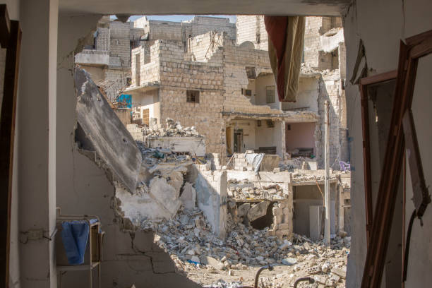 Destroyed hospital Destroyed buildings after the bombing of Idlib syria photos stock pictures, royalty-free photos & images