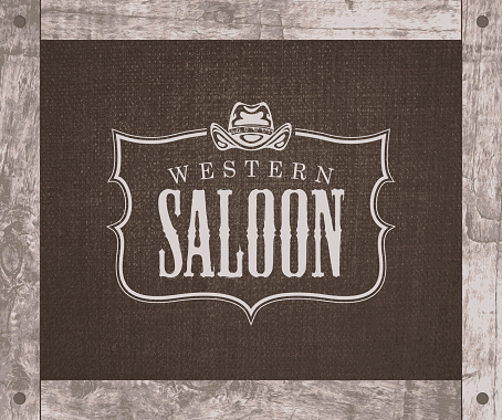 Vector banner on the theme of the Wild West with a cowboy hat and the words Western saloon. Decorative illustration with the  of the Western saloon on a background of burlap in a wooden frame