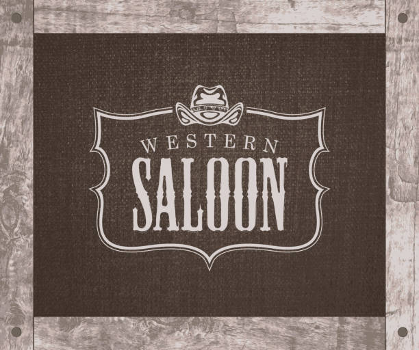 banner with cowboy hat and words Western saloon Vector banner on the theme of the Wild West with a cowboy hat and the words Western saloon. Decorative illustration with the  of the Western saloon on a background of burlap in a wooden frame west direction stock illustrations