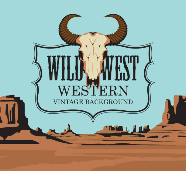 illustrazioni stock, clip art, cartoni animati e icone di tendenza di sfondo vintage occidentale con un teschio di toro - panoramic wild west desert scenics