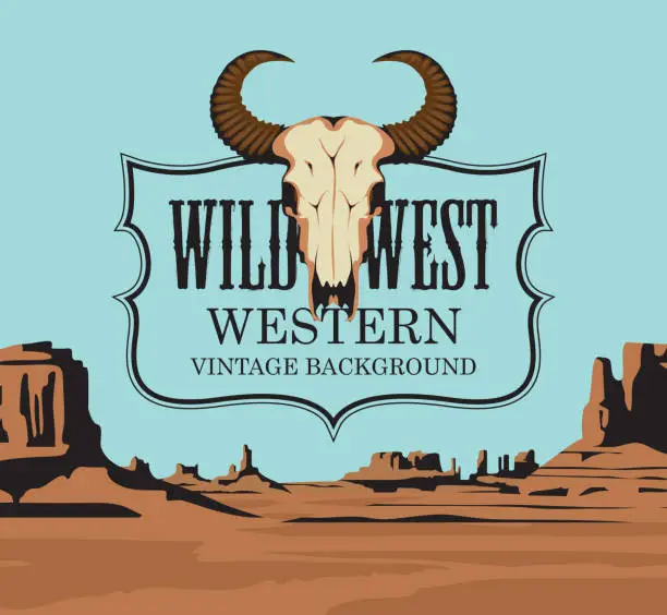 Vector illustration of Western vintage background with a skull of bull