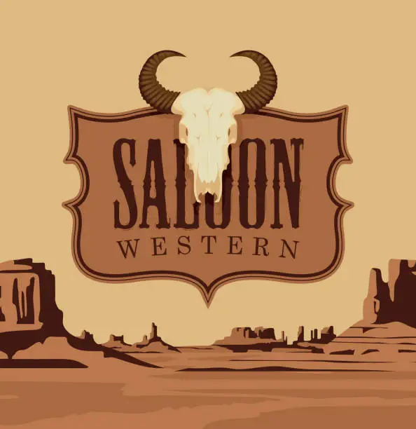 Vector illustration of banner for Western saloon with a skull of bull