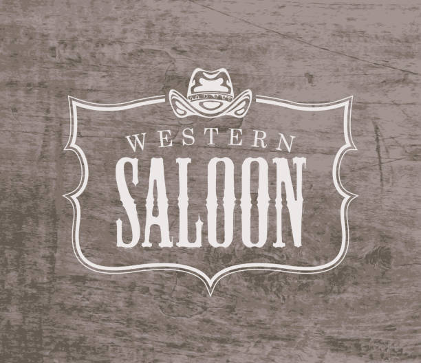 vector banner for Western saloon with cowboy hat Vector banner for Western saloon with cowboy hat on the wooden background. Decorative illustration on the theme of Wild West in retro style weed stamp stock illustrations