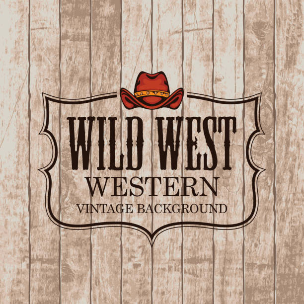 Western vintage background with a cowboy hat Western vintage emblem with a cowboy hat on the wooden background. Decorative banner on the theme of Wild West in retro style west direction stock illustrations