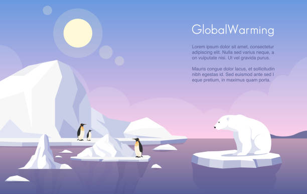template banner vektor pemanasan global. kutub utara, gletser leleh, penguin, dan beruang kutub pada ilustrasi datar es floe dengan ruang teks. perubahan iklim, kenaikan permukaan laut, kerusakan alam. - perubahan iklim ilustrasi stok