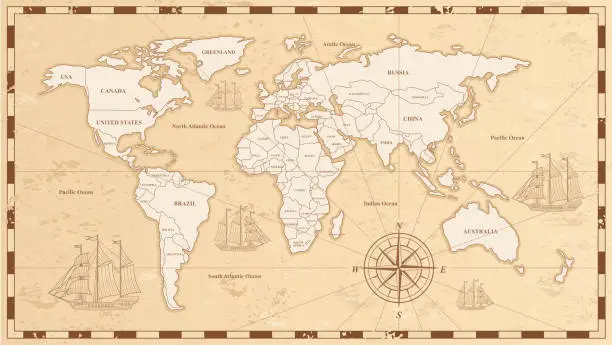 Vector illustration of Old world map flat vector illustration. Ancient parchment with countries and oceans names. Vintage document with continents, ships and wind rose drawings. Worldwide geography exploration.