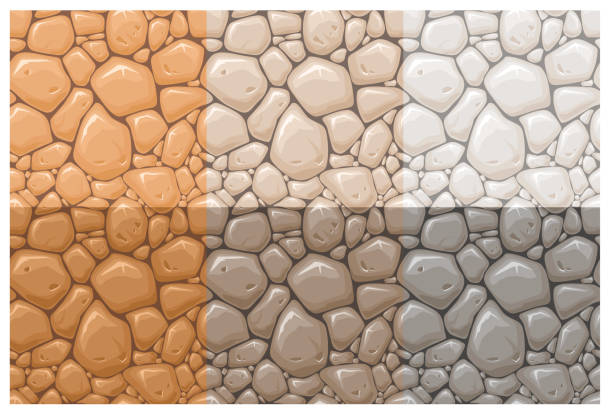 ilustrações de stock, clip art, desenhos animados e ícones de stone surface vector seamless patterns set. multicolor rocks, cobblestone textures collection. orange, brown and grey stone wall background. vintage wallpaper, creative textile print design. - granite block backgrounds gray