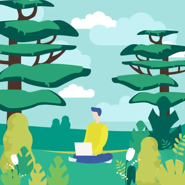 Vector illustration of Human and nature flat vector illustration. Outing, outdoor leisure, relaxation. Young man with laptop sitting on meadow, boy in forest, male teenager faceless character in cartoon style.