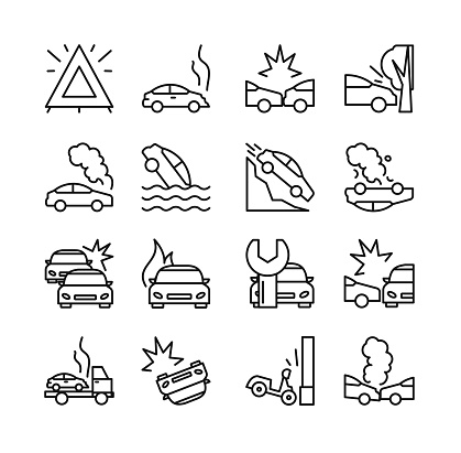 Vector illustration of road accident icon set. Collection of line icons of different types car crash, passenger car, motorcycle and bus, linear design isolated on white background.