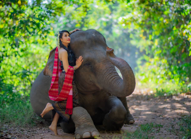 istock Beautiful woman dressed in Thai cloth with an elephant. 1215024819