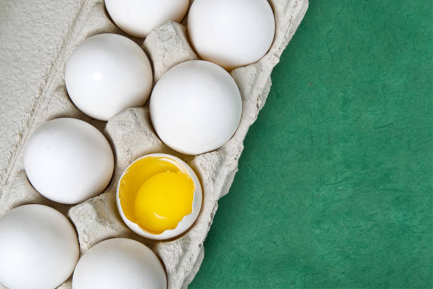 istock Paper Egg Tray with white eggs. chicken white eggs close up. broken chicken white egg. eggs on green background 1215029166