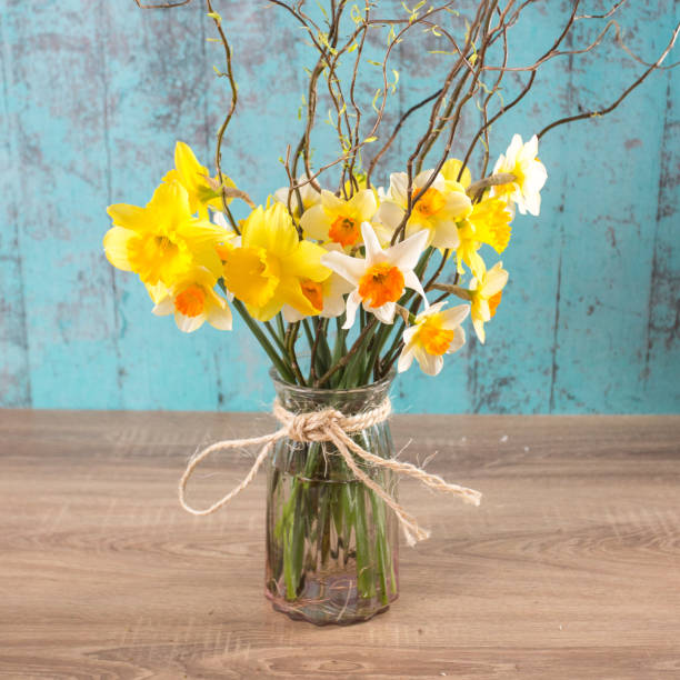 First spring narcissus in the wase with some branches. On the green wooden background stock photo