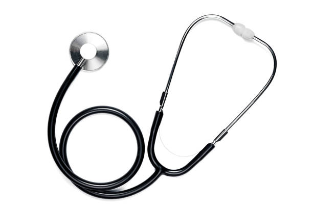 istock medical device, stethoscope, black lies on a white isolated background. Horizontal frame 1215030953