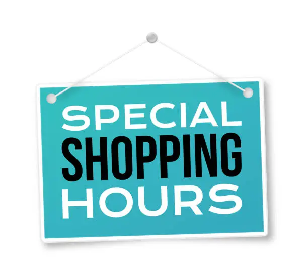 Vector illustration of Special Shopping Hours Business Hanging Sign