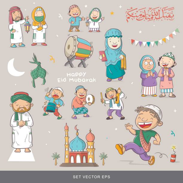 happy eid mubarak happy celebration eid mubarak, eid mubarak means blessed of moslem big day (Taqabbal allahu minna wa minkum  means May Allah accept it from you and us), cute cartoon vector bedug stock illustrations