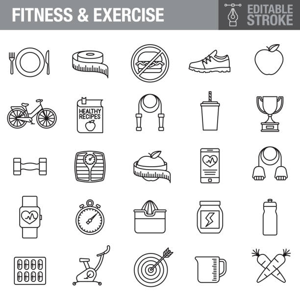 Fitness and Diet Editable Stroke Icon Set A set of editable stroke thin line icons. File is built in the CMYK color space for optimal printing. The strokes are 2pt and fully editable: Make sure that you set your preferences to ‘Scale strokes and effects’ if you plan on resizing! fasting activity illustrations stock illustrations