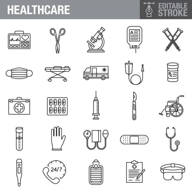 Healthcare and Medicine Editable Stroke Icon Set A set of editable stroke thin line icons. File is built in the CMYK color space for optimal printing. The strokes are 2pt and fully editable: Make sure that you set your preferences to ‘Scale strokes and effects’ if you plan on resizing! medicine clipart stock illustrations