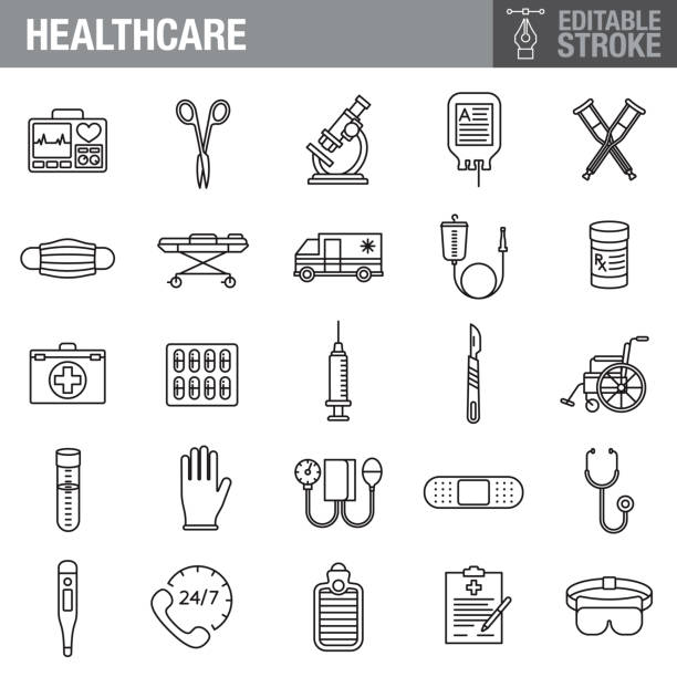 Healthcare and Medicine Editable Stroke Icon Set A set of editable stroke thin line icons. File is built in the CMYK color space for optimal printing. The strokes are 2pt and fully editable: Make sure that you set your preferences to ‘Scale strokes and effects’ if you plan on resizing! medical device stock illustrations