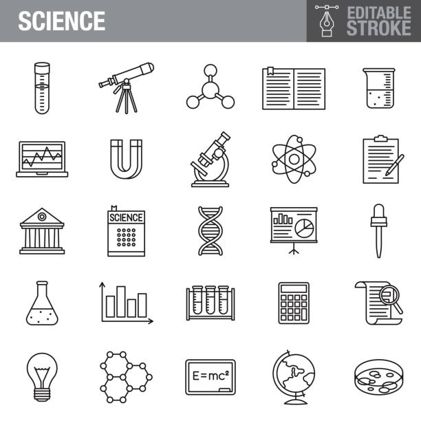 ilustraciones, imágenes clip art, dibujos animados e iconos de stock de conjunto de iconos de trazo editables de ciencia - science innovation microscope healthcare and medicine