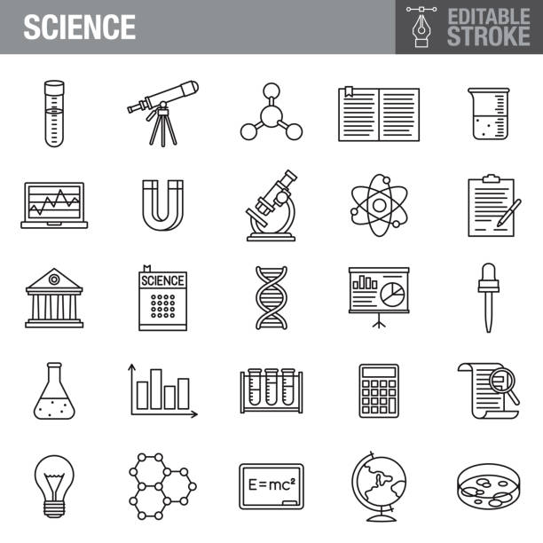 science editable stroke icon set - equipment magnifying glass glass science stock illustrations