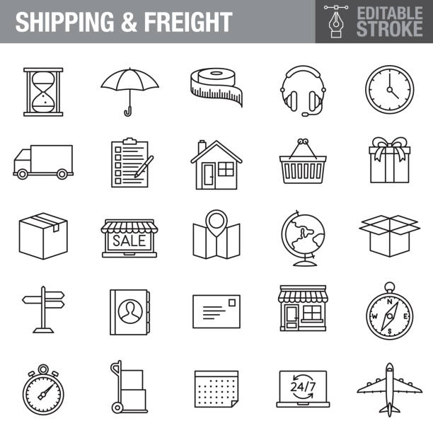 Shipping and Freight Editable Stroke Icon Set A set of editable stroke thin line icons. File is built in the CMYK color space for optimal printing. The strokes are 2pt and fully editable: Make sure that you set your preferences to ‘Scale strokes and effects’ if you plan on resizing! warehouse clipart stock illustrations