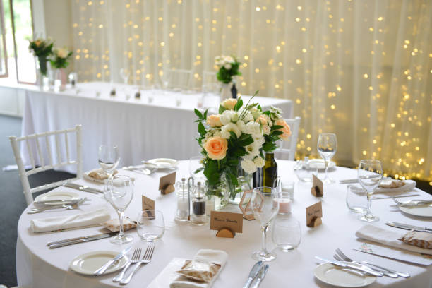 istock Shot of wedding reception venue and dinner table decoration 1215040433