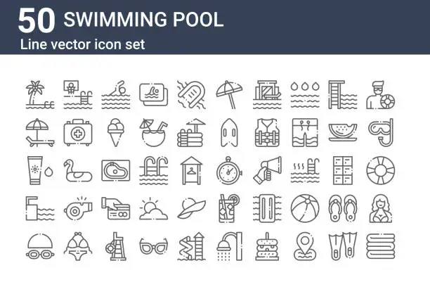 Vector illustration of set of 50 swimming pool icons. outline thin line icons such as towel, goggles, springboard, sunscreen, sunbed, basketball