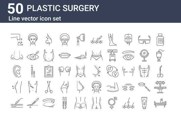 ilustrações, clipart, desenhos animados e ícones de conjunto de 50 ícones de cirurgia plástica. esboço de ícones de linha fina, como hospital, gordura, nádegas, orelha, nariz, mulher - silicone