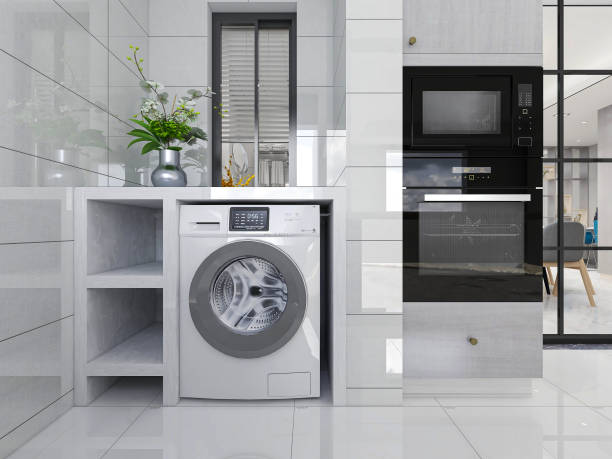 istock 3D rendering,Modern family kitchen design, new cabinets and kitchenware with refrigerators, sunlight from the window. 1215047004