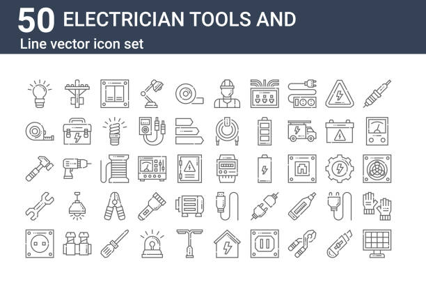 illustrazioni stock, clip art, cartoni animati e icone di tendenza di set di 50 strumenti elettricisti e icone. delineare icone di linea sottile come pannello solare, presa, chiave inglese, martello, metro, palo elettrico - soldering iron illustrations