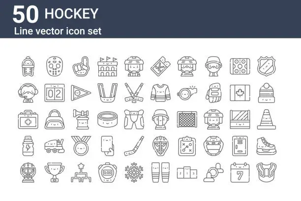 Vector illustration of set of 50 hockey icons. outline thin line icons such as shoulder pads, goalkeeper, energy drink, first aid kit, sports announcer, hockey mask