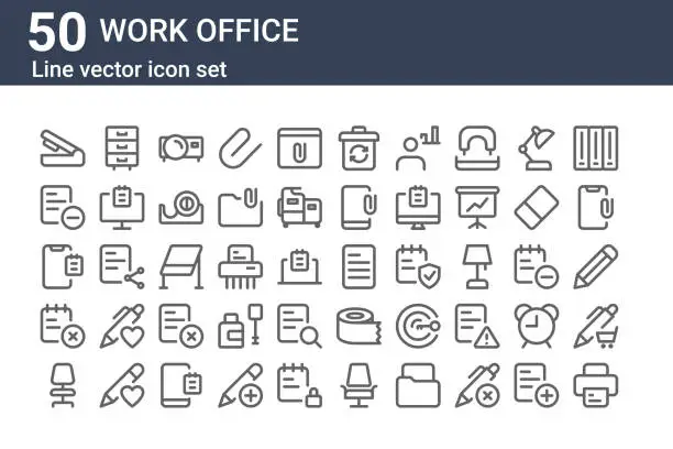 Vector illustration of set of 50 work office icons. outline thin line icons such as printer, office chair, notebook, notebook, file, file cabinet