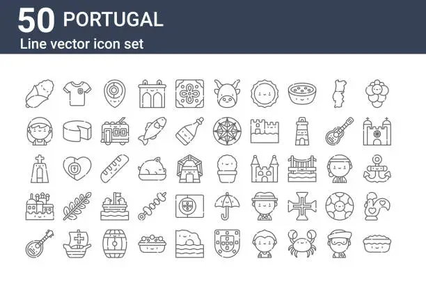 Vector illustration of set of 50 portugal icons. outline thin line icons such as pasteis de belem, mandolin, pena national castle, cross, portuguese, jersey