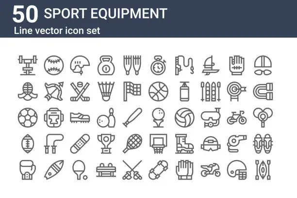 Vector illustration of set of 50 sport equipment icons. outline thin line icons such as kayak, boxing, american football, soccer ball, kendo, baseball