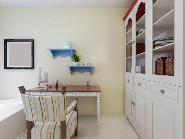 istock 3D rendering, Mediterranean-style bedroom design, large bed with large wardrobe, coffee table, TV, carpet, etc., very comfortable and casual. 1215048019