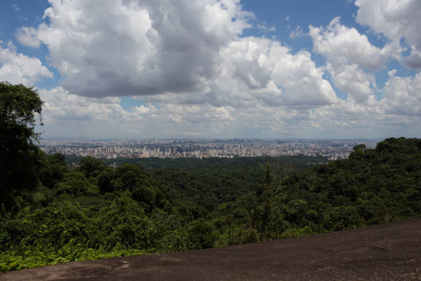 View of São Paulo da Pedra Grande sao paulo, sp, brazil - february 15, 2020: view of the City of São Paulo from Pedra Grande, the biggest attraction of the Cantareira State Park, which has many visitors on weekends. guarulhos photos stock pictures, royalty-free photos & images