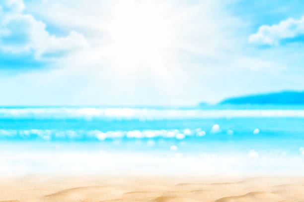 istock Copy space blur tropical beach with bokeh sun light wave on blue sky and white cloud abstract background. 1215048774
