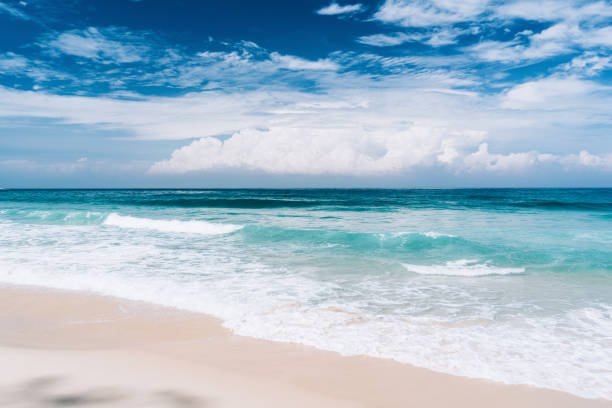istock Beautiful tropical beach with blue sky and white clouds abstract texture background. 1215048850