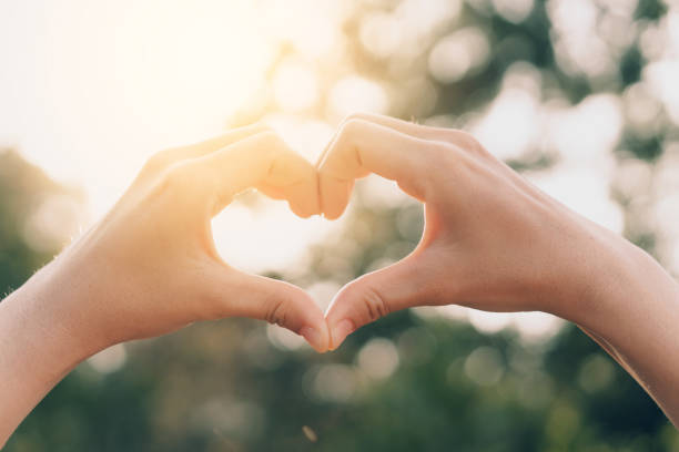 istock Female hands heart shape on nature bokeh sun light flare and blur leaf abstract background. 1215048865