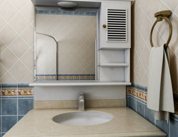 istock 3D rendering, blue Mediterranean-style bathroom design with sink, toilet and shower 1215049005