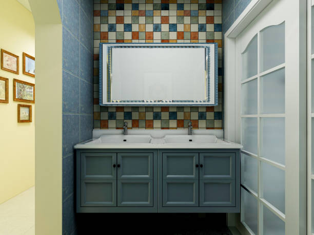 istock 3D rendering, blue Mediterranean-style bathroom design with sink, toilet and shower 1215049006