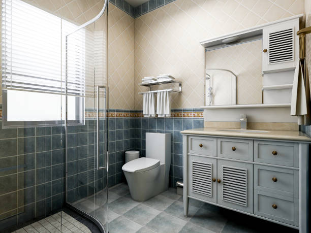 istock 3D rendering, blue Mediterranean-style bathroom design with sink, toilet and shower 1215049022