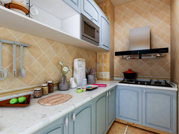 istock 3D rendering, Mediterranean-style kitchen design, brand new cabinets and kitchenware with refrigerator, sunlight comes in through the window. 1215049200