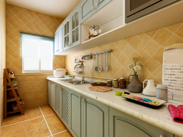 istock 3D rendering, Mediterranean-style kitchen design, brand new cabinets and kitchenware with refrigerator, sunlight comes in through the window. 1215049207