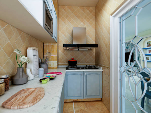 istock 3D rendering, Mediterranean-style kitchen design, brand new cabinets and kitchenware with refrigerator, sunlight comes in through the window. 1215049213