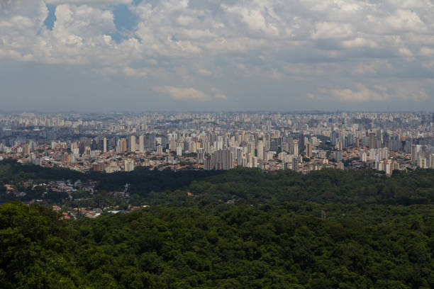 Zoom view of São Paulo da Pedra Grande sao paulo, sp, brazil - february 15, 2020: zoomed view of the City of São Paulo from Pedra Grande, the biggest attraction of the Cantareira State Park, which has many visitors on weekends. floresta stock pictures, royalty-free photos & images