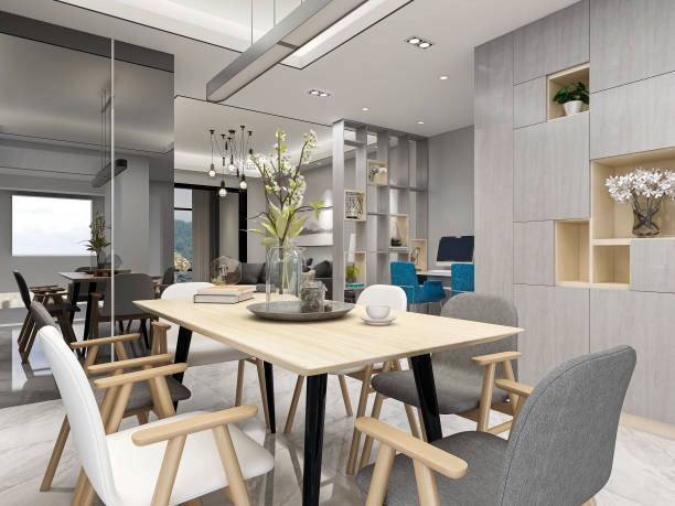 istock 3D rendering, warm dining room area design, wooden table and chair 1215050890
