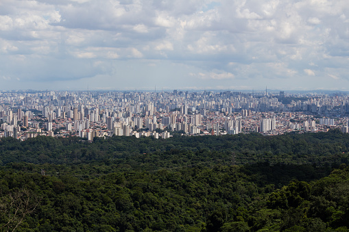 sao paulo, sp, brazil - february 15, 2020: panoramic view of the city from Pedra Grande, the biggest attraction of the Cantareira State Park, which receives many visitors on weekends.